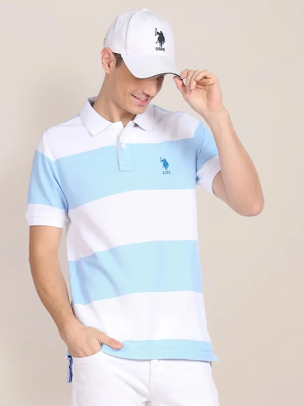 U S POLO ASSN blue and white cotton t shirt