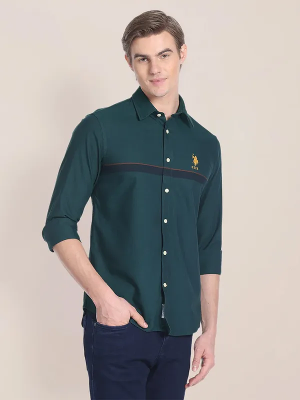 U S POLO ASSN bottle green cotton shirt