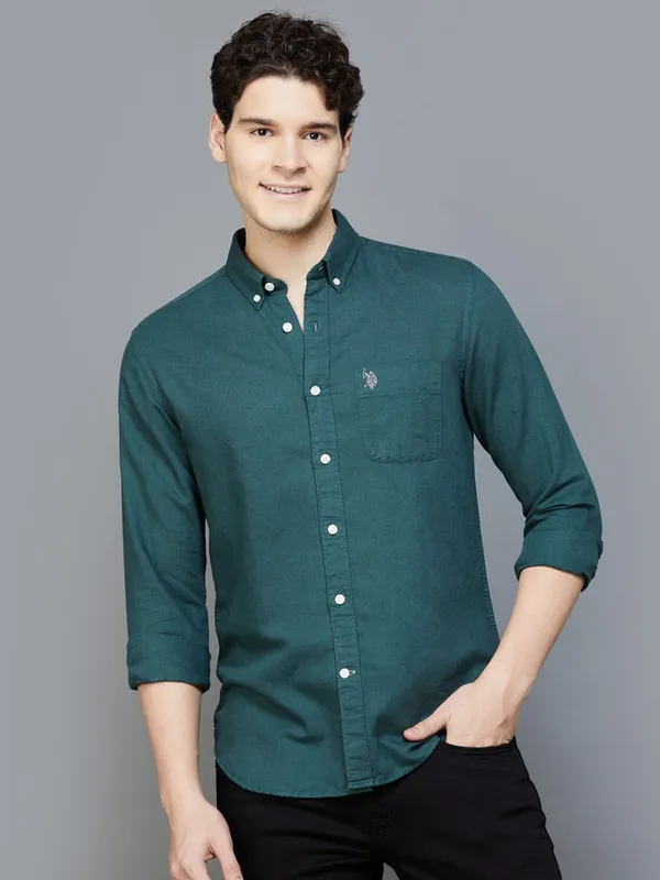 U S POLO ASSN bottle green linen cotton shirt