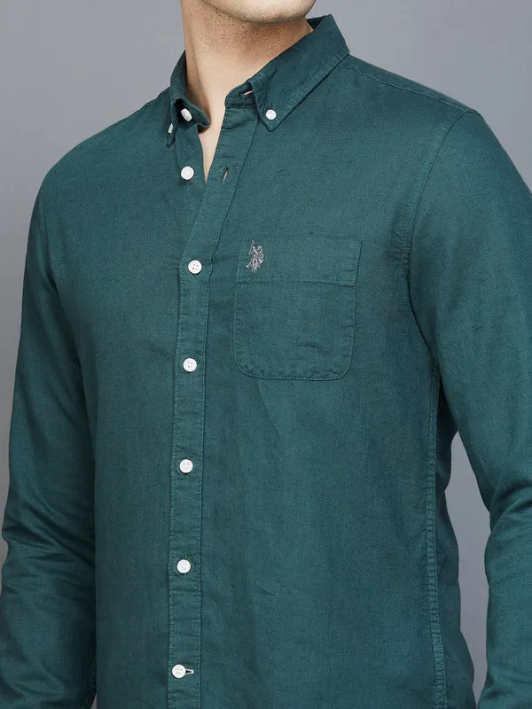 U S POLO ASSN bottle green linen cotton shirt
