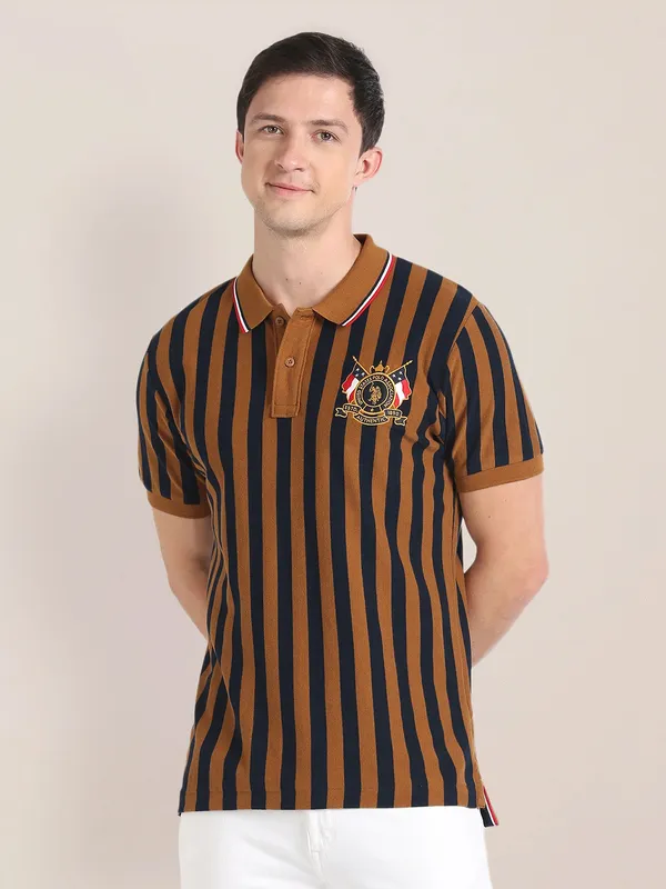 U S POLO ASSN brown stripe cotton t shirt