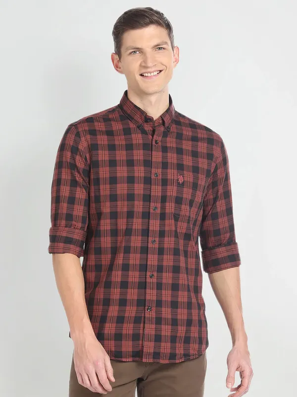 U S POLO ASSN checks brown cotton shirt
