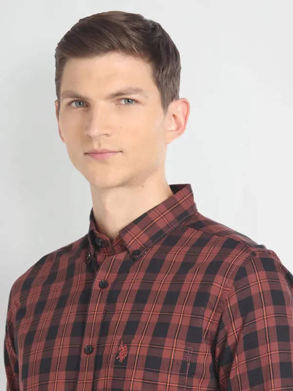 U S POLO ASSN checks brown cotton shirt