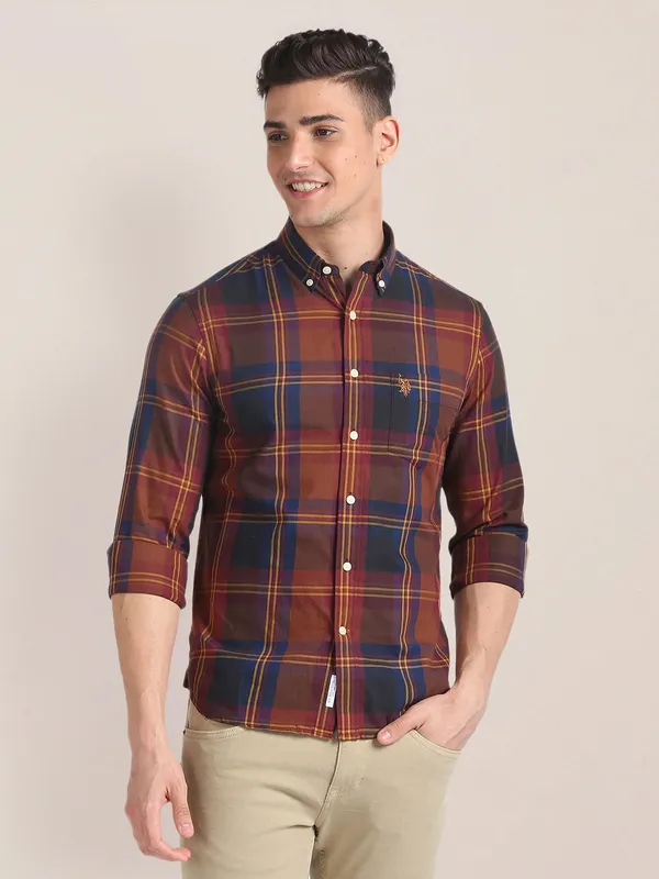 U S POLO ASSN checks maroon shirt