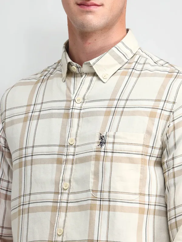 U S POLO ASSN checks off-white cotton shirt