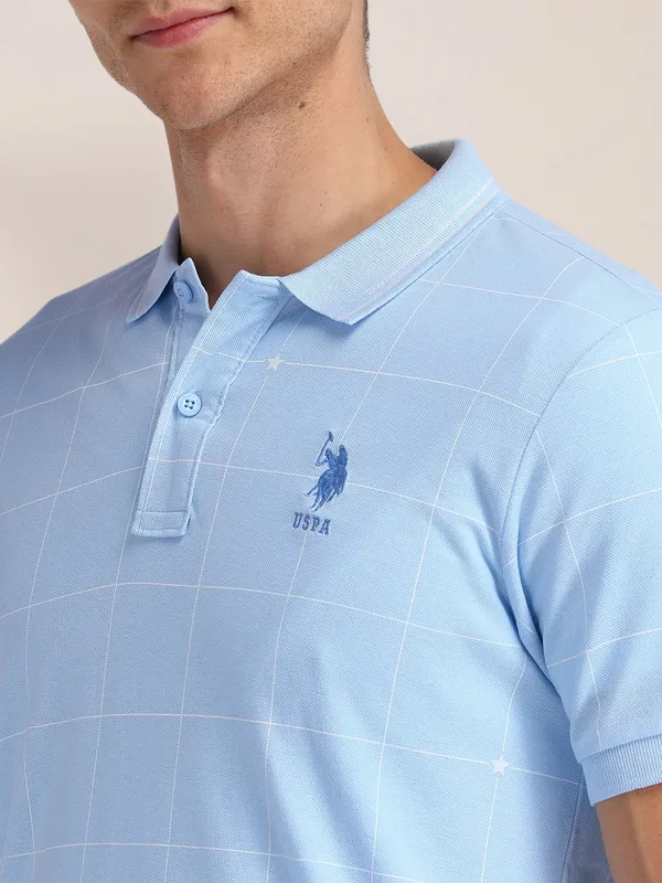 U S POLO ASSN checks sky blue cotton t-shirt