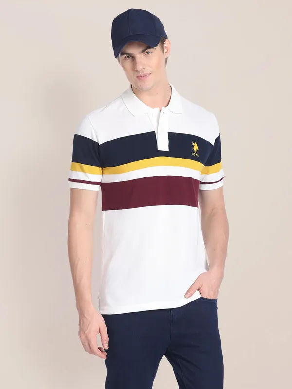 U S POLO ASSN color block white slim fit t shirt