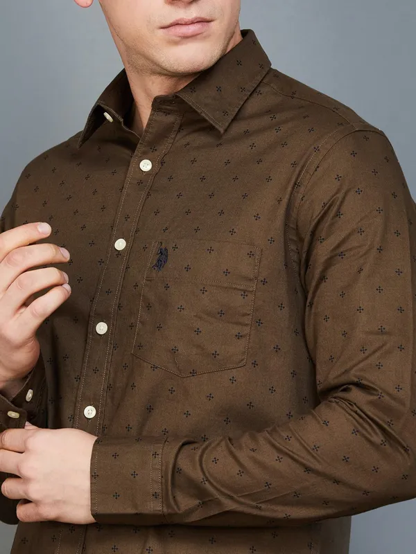 U S POLO ASSN cotton brown slim fit shirt