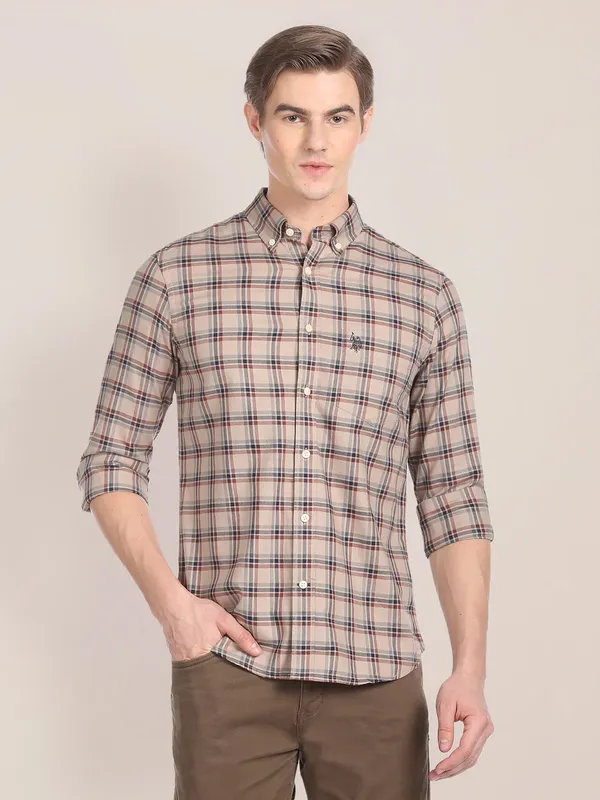 U S POLO ASSN cotton checks khaki shirt
