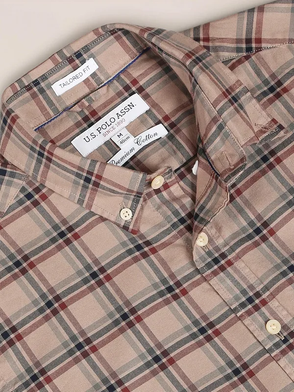 U S POLO ASSN cotton checks khaki shirt