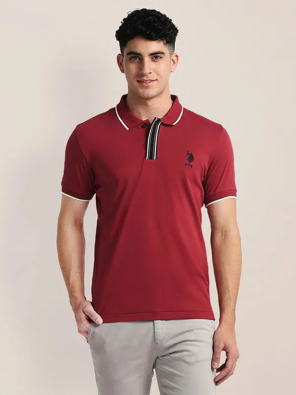 U S POLO ASSN cotton plain maroon t-shirt