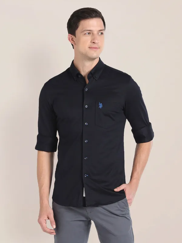 U S POLO ASSN cotton plain navy shirt