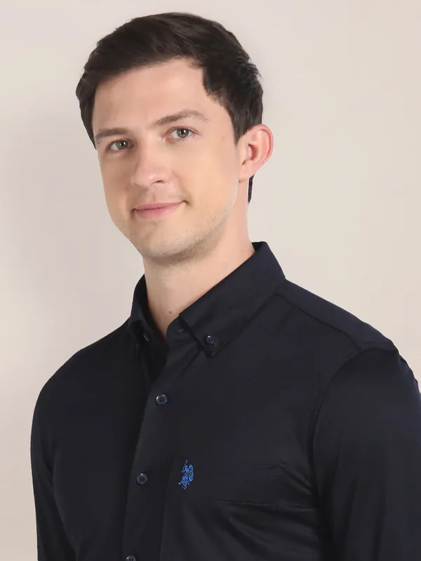 U S POLO ASSN cotton plain navy shirt