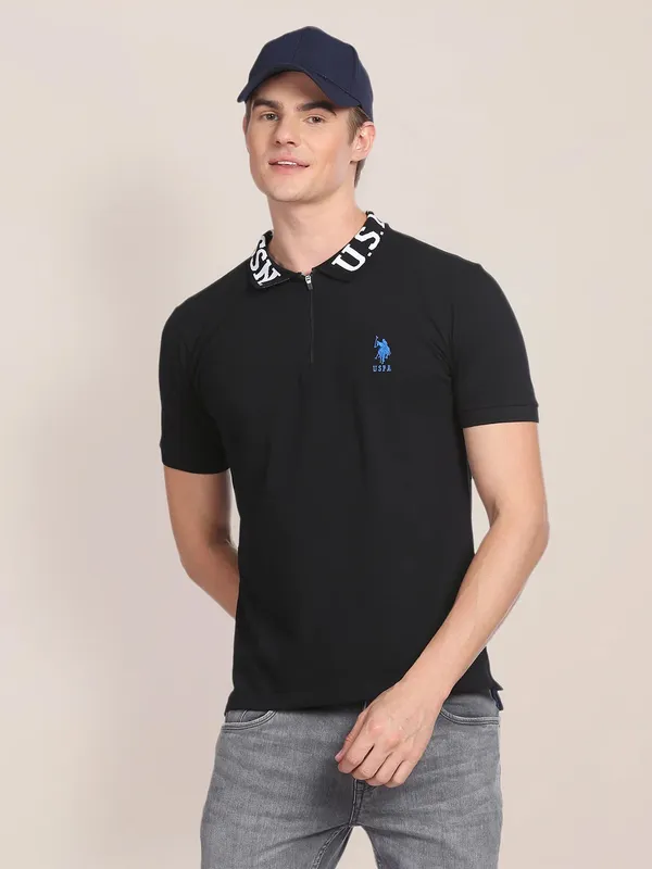 U S POLO ASSN cotton plain t shirt in black