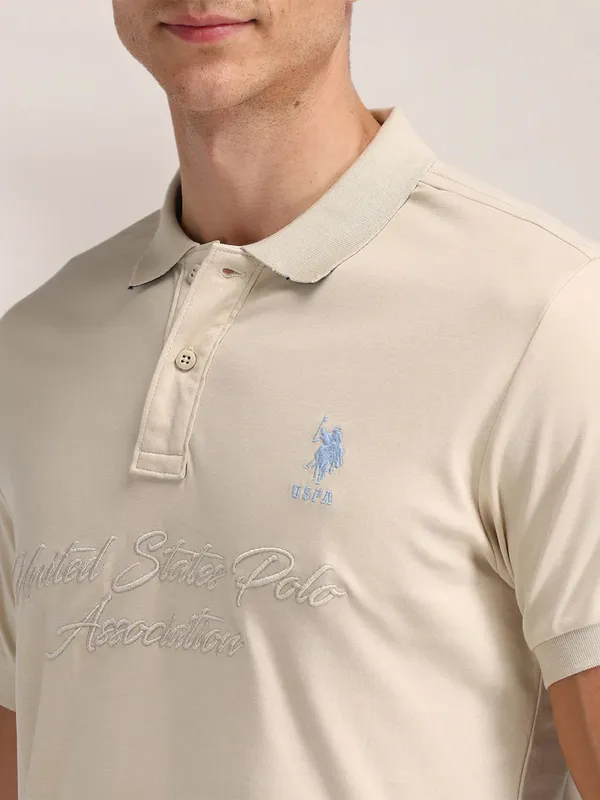 U S POLO ASSN cream plain cotton slim fit t-shirt
