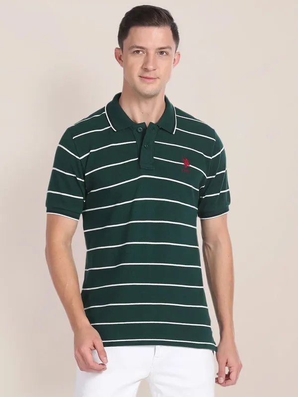 U S POLO ASSN dark green stripe t shirt