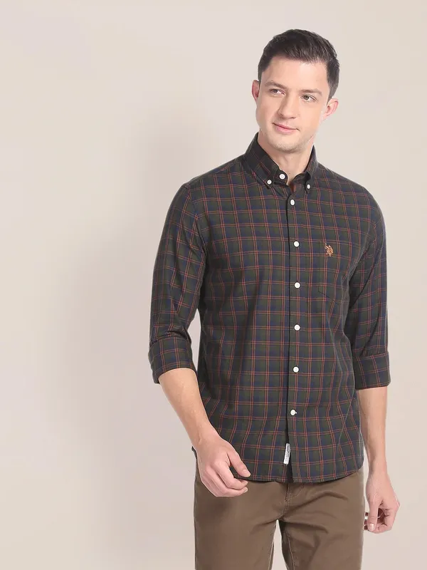 U S POLO ASSN dark olive checks cotton shirt