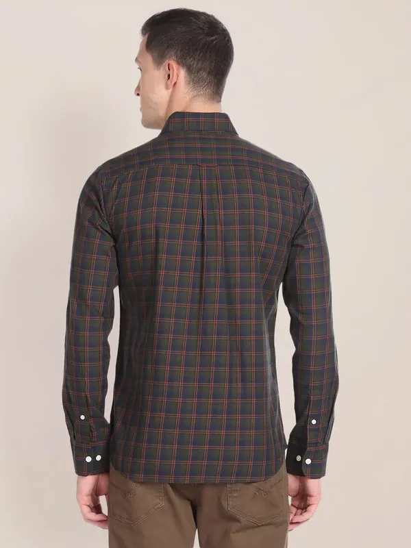 U S POLO ASSN dark olive checks cotton shirt