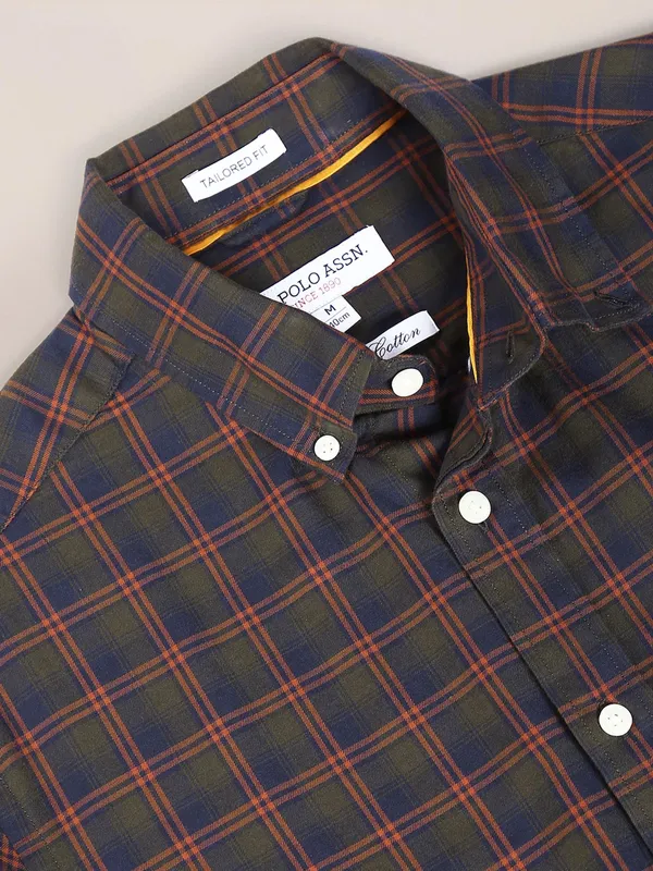 U S POLO ASSN dark olive checks cotton shirt