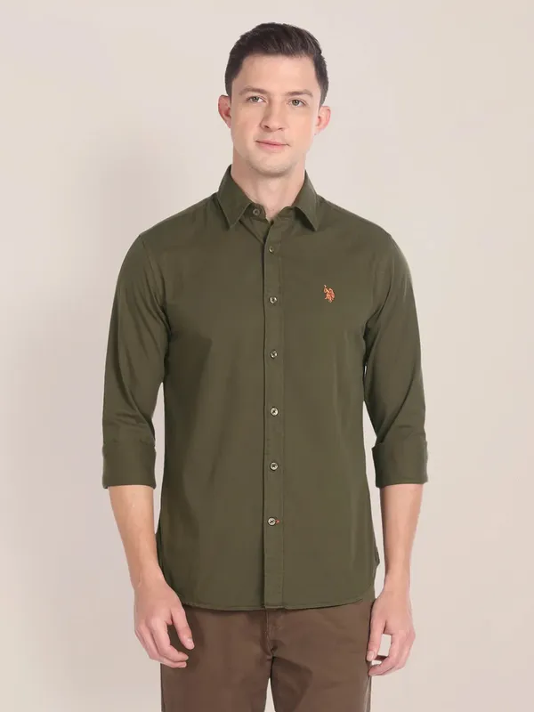 U S POLO ASSN dark olive plain shirt