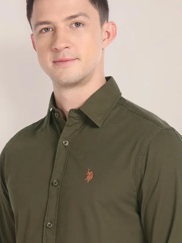 U S POLO ASSN dark olive plain shirt