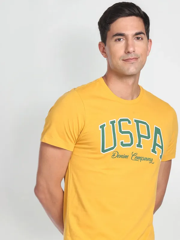 U S POLO ASSN dark yellow printed cotton t shirt