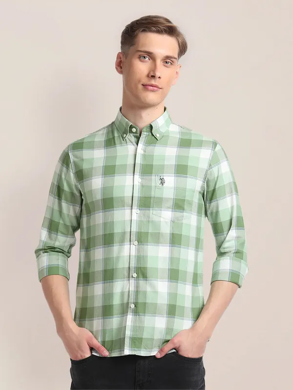 U S POLO ASSN green cotton checks shirt