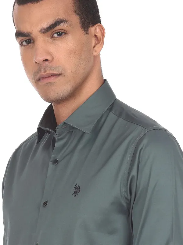 U S POLO ASSN green shade cotton plain shirt