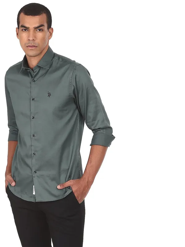 U S POLO ASSN green shade cotton plain shirt