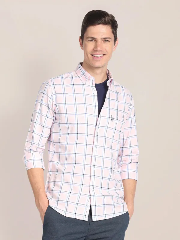 U S POLO ASSN light pink checks cotton shirt