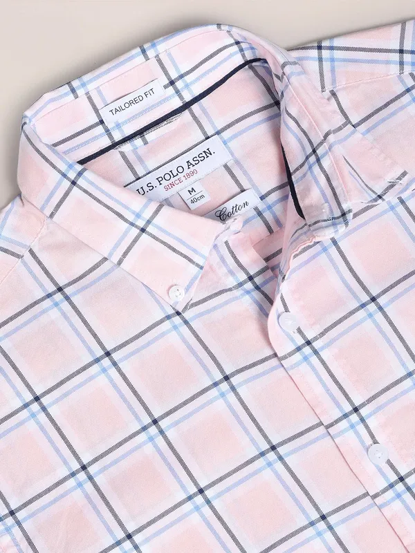 U S POLO ASSN light pink checks cotton shirt