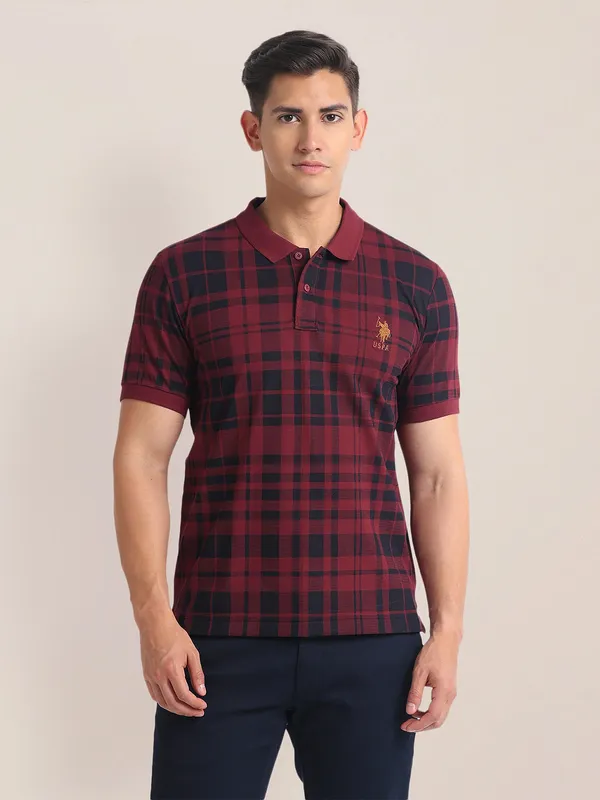 U S POLO ASSN maroon cotton checks t-shirt