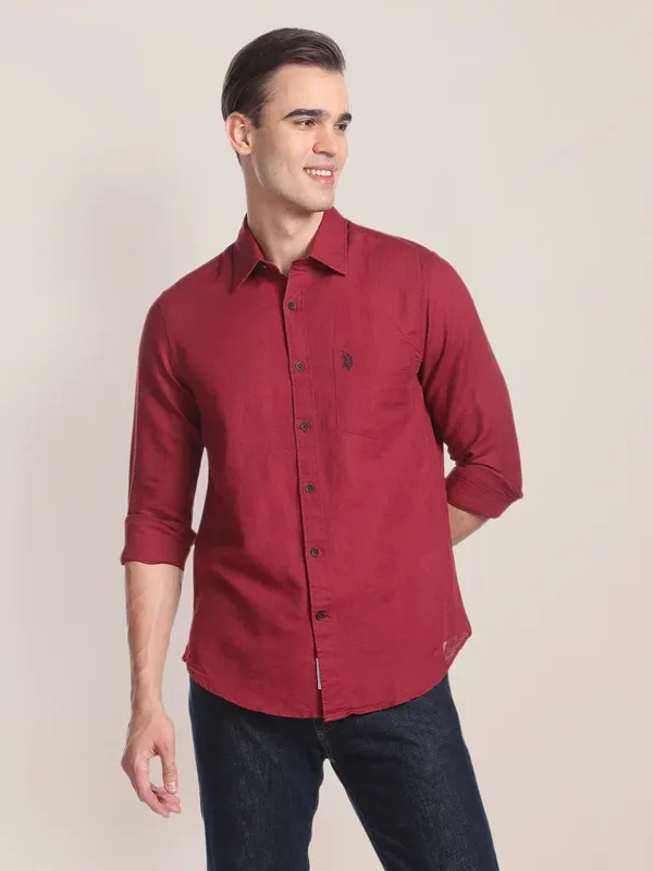 U S POLO ASSN maroon linen shirt in plain