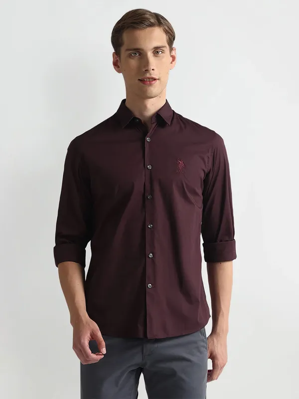 U S POLO ASSN maroon plain coton shirt