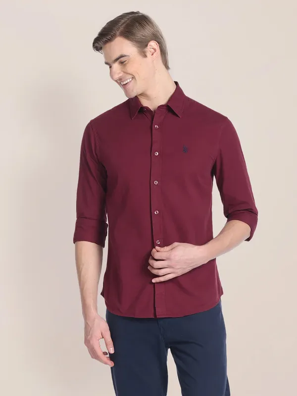 U S POLO ASSN maroon plain cotton shirt