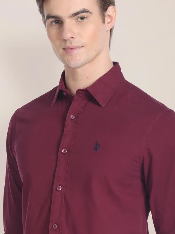 U S POLO ASSN maroon plain cotton shirt