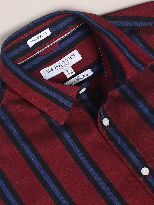 U S POLO ASSN maroon stripe cotton shirt