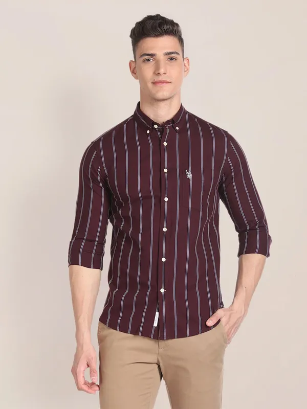 U S POLO ASSN maroon stripe shirt in cotton