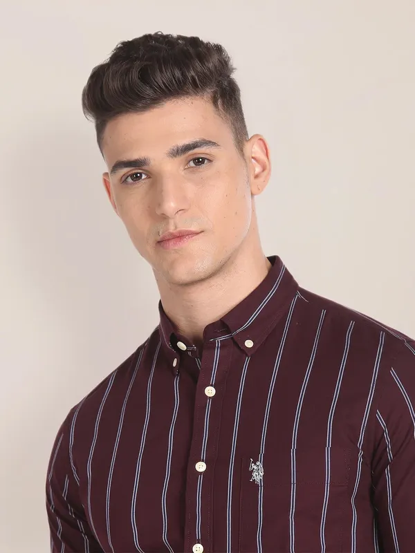 U S POLO ASSN maroon stripe shirt in cotton