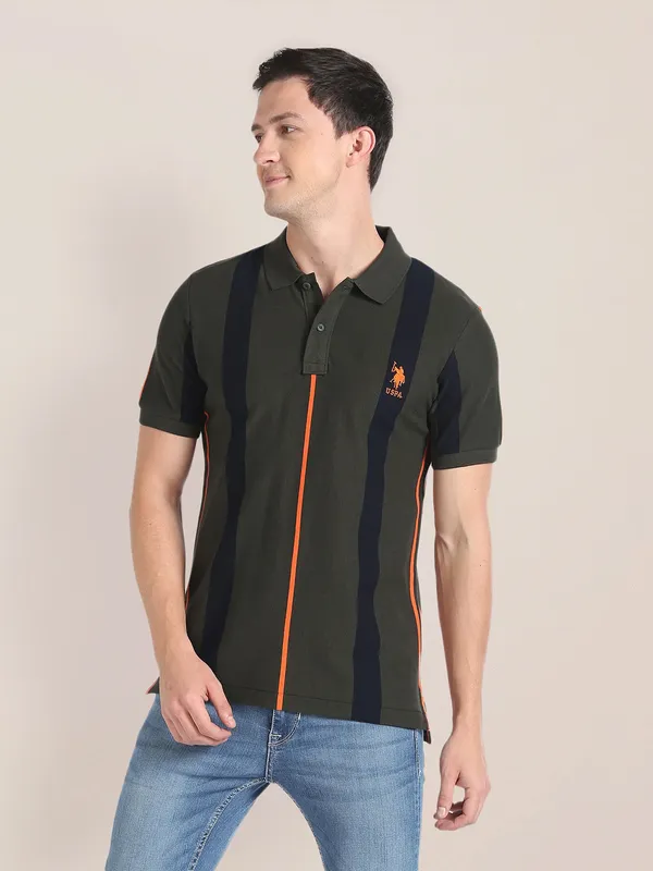 U S POLO ASSN military green stripe t shirt