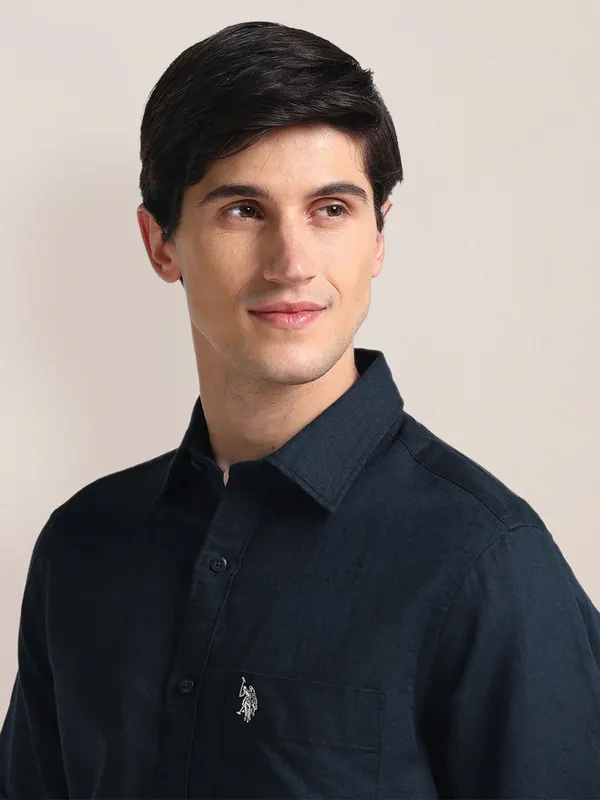 U S POLO ASSN navy plain cotton shirt with half sleeves