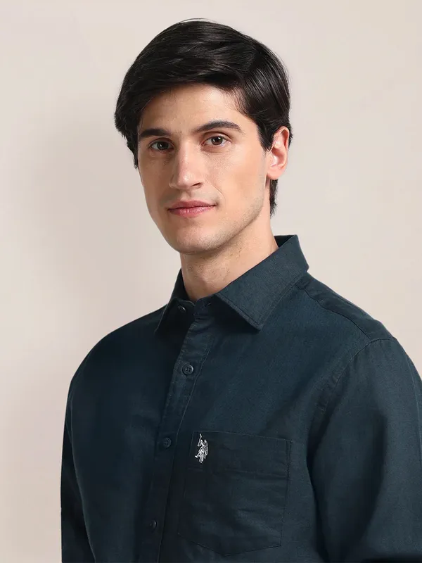 U S POLO ASSN navy plain cotton slim fit shirt