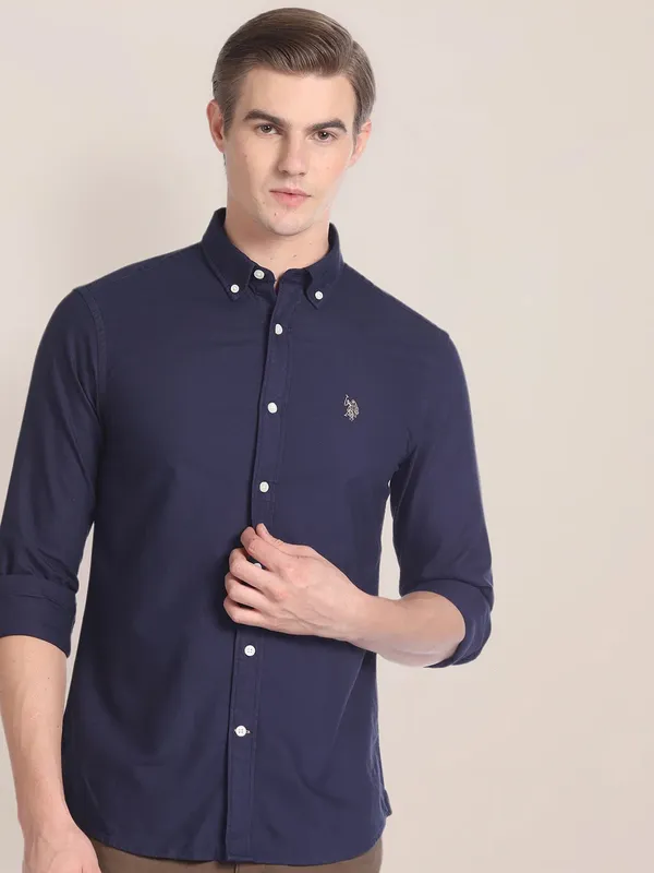 U S POLO ASSN navy tailored fit plain shirt