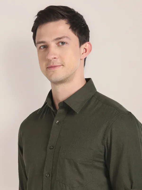 U S POLO ASSN olive plain cotton shirt