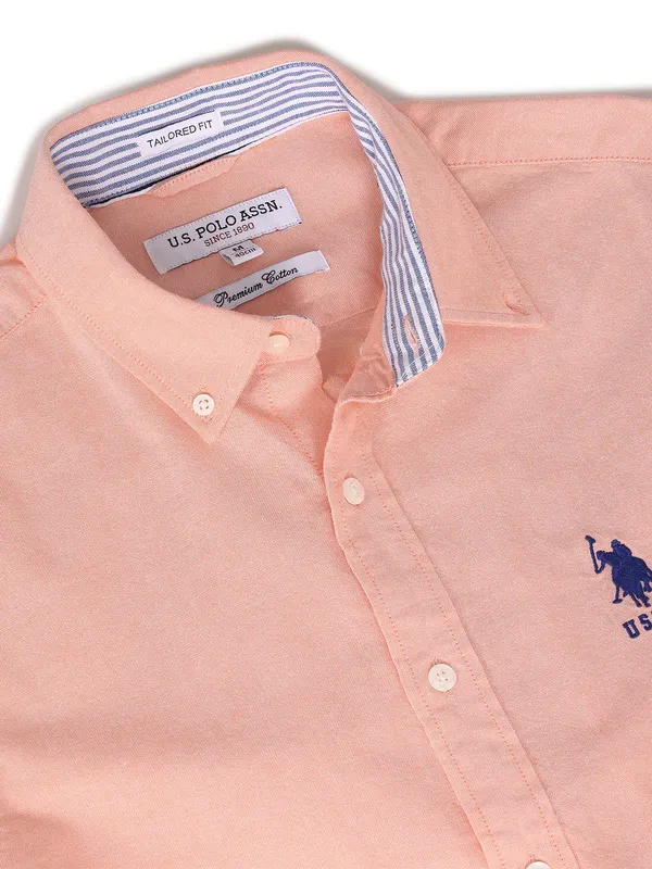 U S POLO ASSN peach cotton plain casual shirt