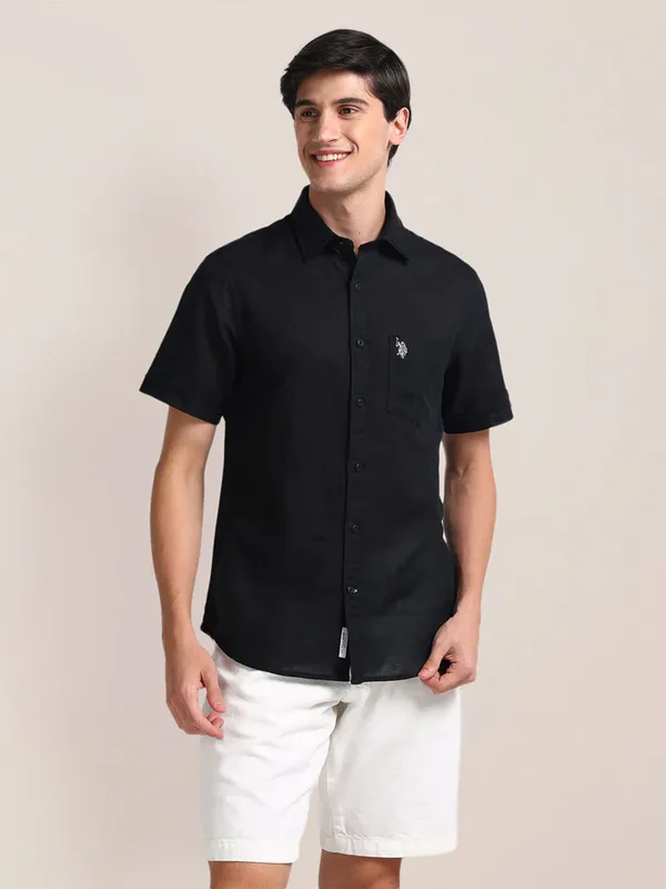 U S POLO ASSN plain black cotton shirt with cutaway collar