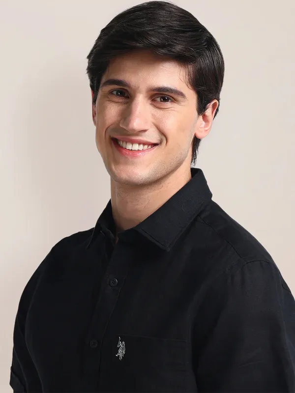 U S POLO ASSN plain black cotton shirt with cutaway collar