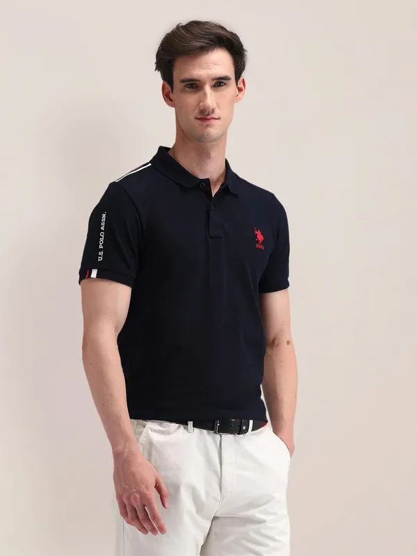 U S POLO ASSN plain black cotton slim fit t-shirt with polo neck