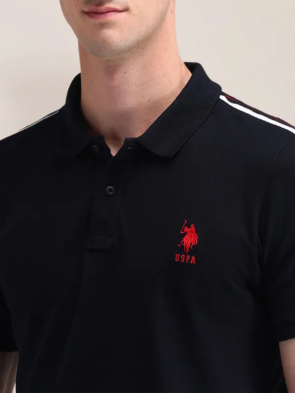 U S POLO ASSN plain black cotton slim fit t-shirt with polo neck