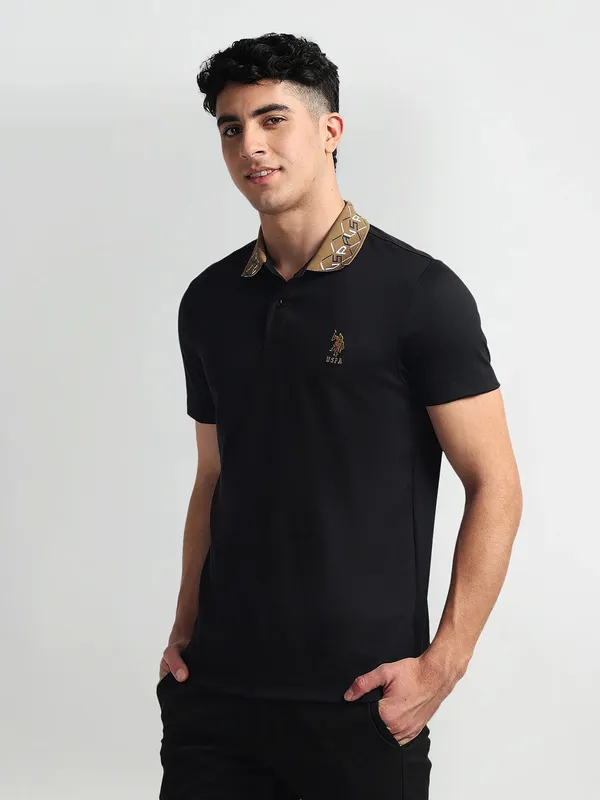U S POLO ASSN plain cotton black polo t-shirt